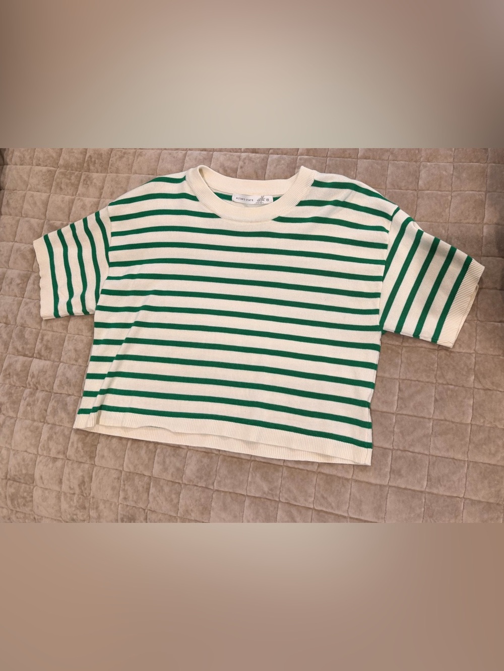 Altar'd State Cream & Green Striped Short Sleeve Tee sweater